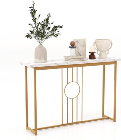 COSTWAY Consoletafel, marmerlook, bijzettafel, smal met metalen frame en verstelbare voetkussens, gangtafel, sofatafel, modern, voor woonkamer, ingang, 120 x 30 x 80,5 cm