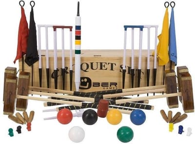 Meester Croquet set - Engels Tuinspel - 6 persoons, ultieme set - 16 mm dikke poorten - 455 gram - kunststof ballen, absoluut top. met Croquet Tas Klasse en Geweldig