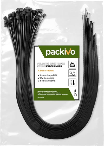 Kabelbinder zwart 400 mm x 4,8 mm - 100 stuks UV-bestendig treksterkte 22 kg voor binnen en buiten