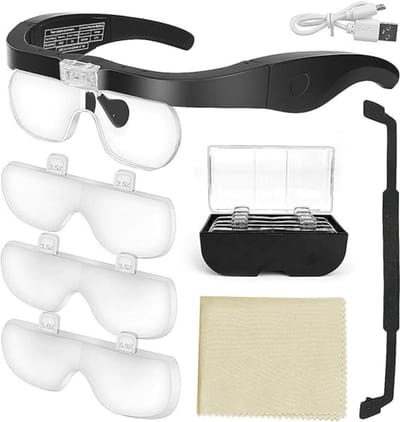VIN® WNHB® Loepbril met LED Verlichting - Vergrootglas Bril met 4 Lenzen - Vergrootbril voor Lezen en Hobby - Leeshulp en Zichthulp