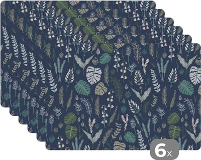 Placemat - Placemats kunststof - Patroon - Jungle - Monstera - Bloemen - 45x30 cm - 6 stuks - Hittebestendig - Anti-Slip - Onderlegger - Afneembaar