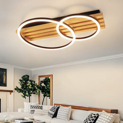 NETTLIFE Plafondlamp LED - Hout - Dimbaar 3000-6500K - rond - 36 W - Modern Plafondverlichting - Geometrisch Woonkamerlamp - Slaapkamerlamp met Afstandsbediening - 2 lichts - voor Slaapkamer | Keuken | Eetkamer | Kantoor - L 55 cm