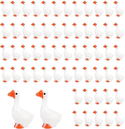 Dailygoods- Ganzenbeeldjes 60 Stuks - Mini Hars Decoratie - Tuindecoratie - Dashboarddecoraties - Bureau-Ornamenten - Wit/Oranje - Schattig en Stevig - Decoratiebeeldjes