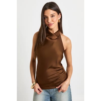 boohoo Dames Satijn top met hoge draperende halslijn | Espresso | Maat: 42