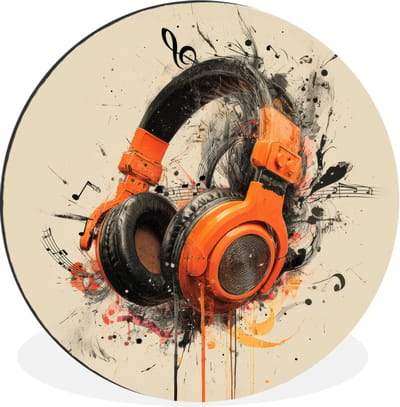 WallCircle - Wandcirkel - Muurcirkel - Koptelefoon - Oranje - Explosief - Aluminium - Dibond - 30x30 cm - Binnen en Buiten