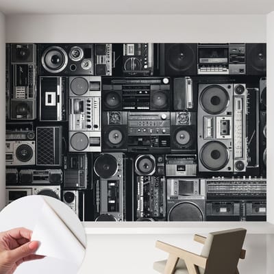 Coloray Zelfklevend Behang - Retro radio Stickerbehang op rol - 152x104 cm - Zwart Zelfklevend Behang - Voor op kantoor, voor de woonkamer, voor de hal - Herpositioneerbaar - Zelfklevend fotobehang