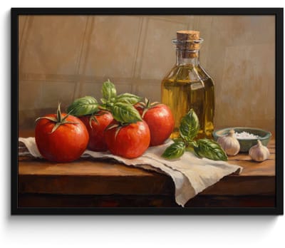 Poster in lijst - Fotolijst 70x50 cm - Posters - Tomaten - Olijfolie - Stilleven - Posterlijst zwart - Decoratie - Wanddecoratie woonkamer - Muurdecoratie slaapkamer