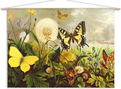 Wanddoek Vlindersoorten rond paardenbloem in veld (zonder houten stokken)