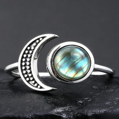 Maansteen KoperMaan Ring, Vintage Halve Maan & Sterrenpatroon Open Ring, Boho Dames Mode Sieraden Grensoverschrijdend Cadeau resizable gray
