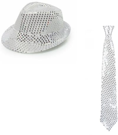 Faram Party verkleed hoedje en stropdas - Zilver glitters - Verkleedkleding heren - Disco - Eighties - Glitter and Glamour - Carnaval