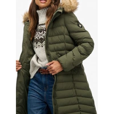 Superdry Fuji Lange Jas Met Bontkap Green Grootte: 34