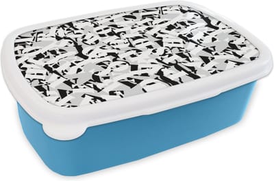 Broodtrommel Blauw - Lunchbox - Brooddoos - Letters - Alfabet - Patronen - Zwart Wit - 18x12x6 cm - Kinderen - Jongen