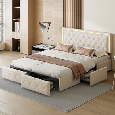 Opbergbed 140x200 cm beige PU-leer met LED-verlichting, 4 lades en verstelbaar hoofdbord, gestoffeerd tweepersoonsbed