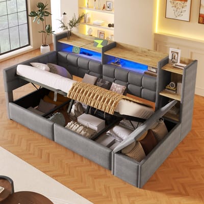 Slaapbank 90x200 cm - met opbergruimte en LED-verlichting - USB- en Type-C-aansluiting - opbergpoef - zonder matras - donkergrijs