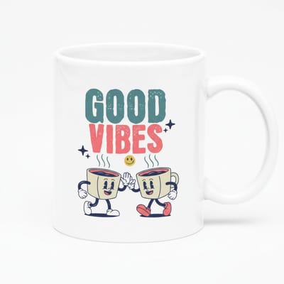 Good Vibes Mok 330ml – Witte Koffiemok met Schattige Geanimeerde Bekers – Leuk Positief Cadeau voor Koffieliefhebbers