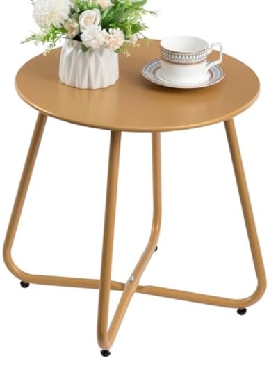 Ronde bijzettafel voor buiten - Goudkleurig - Verstelbare hoogte - Weerbestendig staal - Diameter 43.5 cm - Geschikt voor terras, balkon en woonkamer