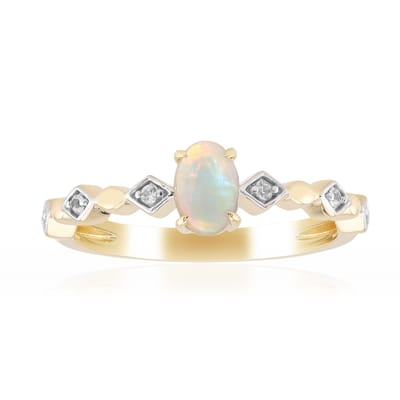 Cavill - Gouden Ring - 9K Geelgoud met 0,23 ct Australische Jelly Opaal, Ovale Cabochon - 6 Tanzanische Zirkonen, 0,066 ct - Elegante Damesring