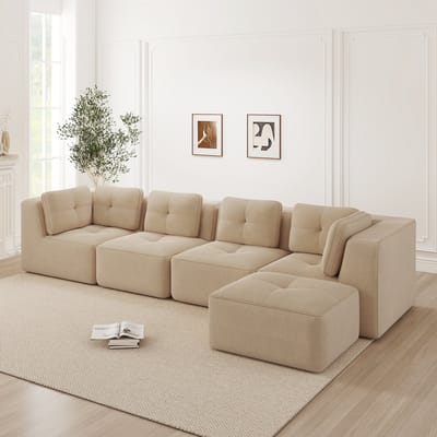 MODENUIT Sofa 74 cm Zitdiepte - Modulaire Hoekopstelling Met Ottomane - Voor Woonkamer - Ribstof - Beige