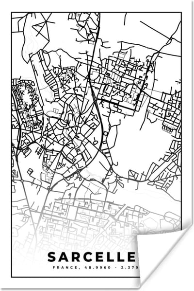 Poster Kaart - Sarcelles - Frankrijk - Stadskaart - Plattegrond - Zwart wit - 120x180 cm XXL