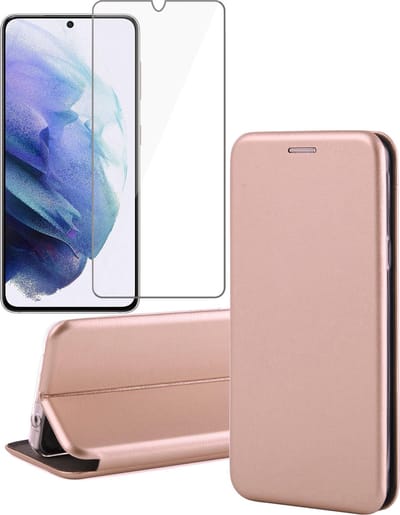 Hoesje geschikt voor Samsung Galaxy S21 Plus - Screen Protector GlassGuard - Book Case Kunstleer ThinShield Roségoud & Screenprotector