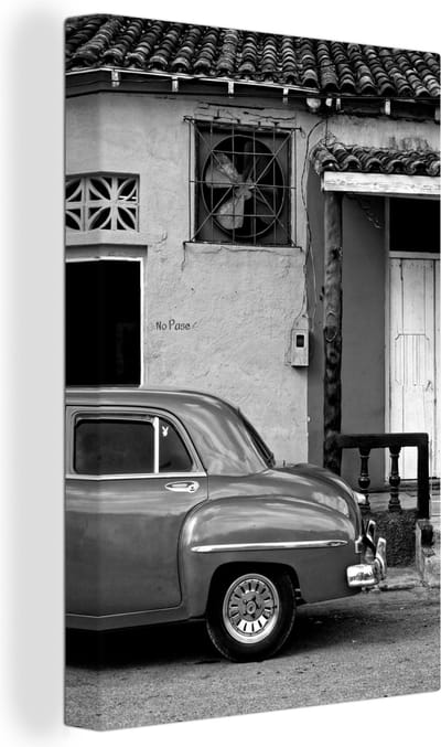 Canvas schilderij 90x140 cm - Wanddecoratie Auto Cuba - zwart wit - Muurdecoratie woonkamer - Slaapkamer decoratie - Kamer accessoires - Schilderijen