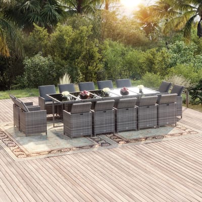 vidaXL - 15-delige - Tuinset - met - kussens - poly - rattan - grijs