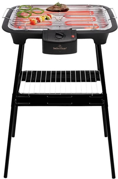 Swiss Haus® SBQ23 Elektrische BBQ - 38 x 22 cm - Staand en Tafelmodel Barbecue - 2000W Tafelbarbecue – Thermostaat Regelbaar – Vaatwasbestendig Rooster - Anti-Roest Grill - Zwart