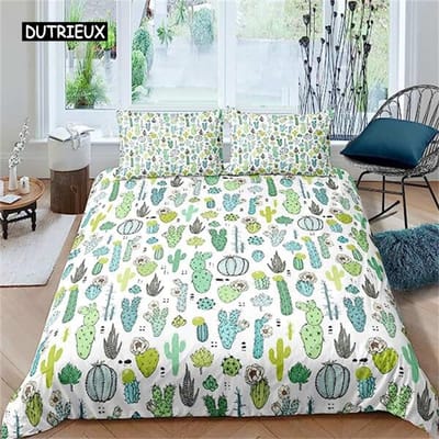 Premium Cartoon Cactussen Dekbedovertrek Groene Planten Vetplanten Beddengoed Dekbedovertrek Kinderen Tieners Natuur Kunst Zacht Microvezel Slaapkamer Decoratief EU single(135x200cm)