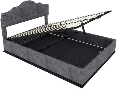 COVREO Bedframe met geometrisch hoofdbord – 160x200 cm – Tweepersoonsbed met lattenbodem – hoge bedombouw – Grijs - zonder matras