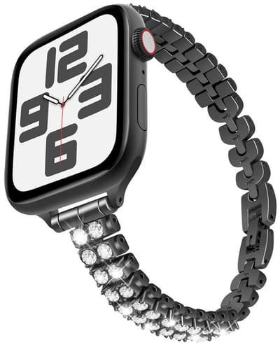 RVS bandje met glitterstenen - geschikt voor Apple Watch 1/2/3/4/5/6/7/8/9/10/11/ SE (1,2,3) met maat 38 mm / 40 mm / 41 mm en 42 mm (Watch 10/11) - stalen bandje - bling - zwart