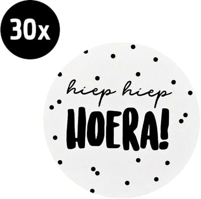 30x Sticker Hiep Hiep Hoera! - Zwart - Wit - Sluitsticker - Sluitzegel - Feeststicker Presentje - Enveloppe - Cadeau - Gift - Cadeauzakje - Traktatie - Leuk inpakken - Sticker - 40mm - 30 Stuks