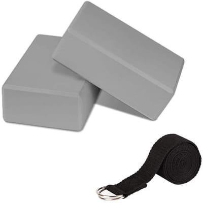 2PCS Yoga Block Set, PUDSIRN High Density EVA Foam Blocks Antislip met Yoga Strap Metal D-Ring om de balans en flexibiliteit voor yoga, pilates, meditatie te verbeteren (Grijs)