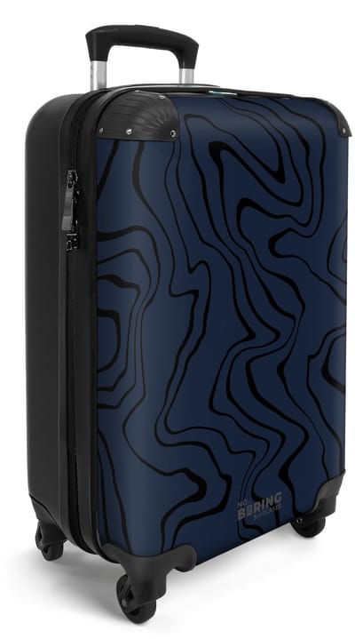 NoBoringSuitcases.com® - Handbagage koffer lichtgewicht - Reiskoffer trolley - Blauw met zwarte golvende lijnen - Vakantie rolkoffer met wieltjes - Carryon suitcase - Flightcase - Cabin koffertje - Past binnen 55x40x20 en 55x35x25
