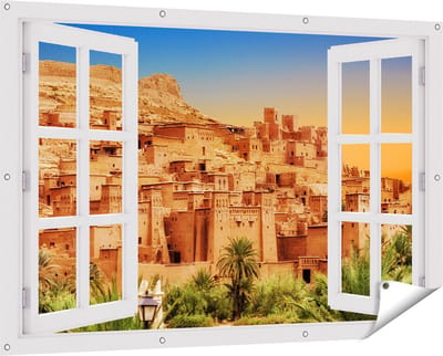 Gards Tuinposter Doorkijk Kasbah Ait Ben Haddou Stad in Marokko - 150x100 cm - Tuindoek - Tuindecoratie - Wanddecoratie buiten - Tuinschilderij