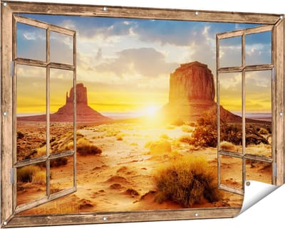 Gards Tuinposter Doorkijk Zonsondergang in Woestijn Monument Valley - 150x100 cm - Tuindoek - Tuindecoratie - Wanddecoratie buiten - Tuinschilderij