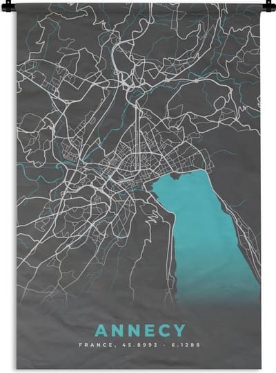Wandkleed - Wanddoek - Annecy - Frankrijk - Plattegrond - Stadskaart - Kaart - 120x180 cm - Wandtapijt