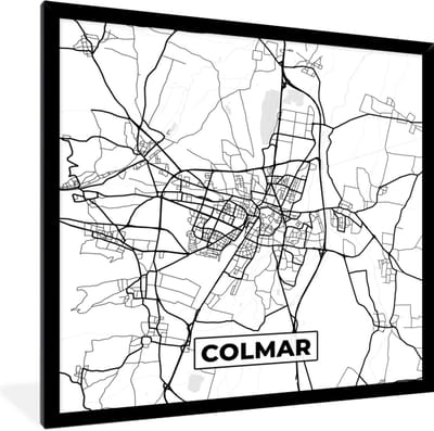 Fotolijst incl. Poster Zwart Wit- Frankrijk - Kaart - Colmar - Plattegrond - Stadskaart - Zwart wit - 40x40 cm - Posterlijst