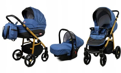 BabyLux® Kinderwagen 3in1 - AXEL - JEANS GOLD FRAME - Opklapbare Wandelwagen incl. Reiswieg, Multifunctionele Buggy Sportstoel, Autostoel - Combi-kinderwagen met Luiertas, Regenhoes, Klamboe, Bekerhouder, etc.
