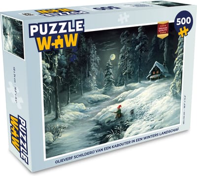 Puzzel Olieverf schilderij van een kabouter in een winters landschap - Legpuzzel - Puzzel 500 stukjes
