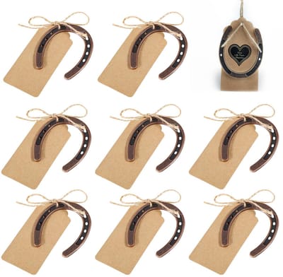 Dailygoody - Set van 8 Geluks Hoorngen Decoratie - 6x7 cm - Met Jute Touw en Kraftpapier Pendant
