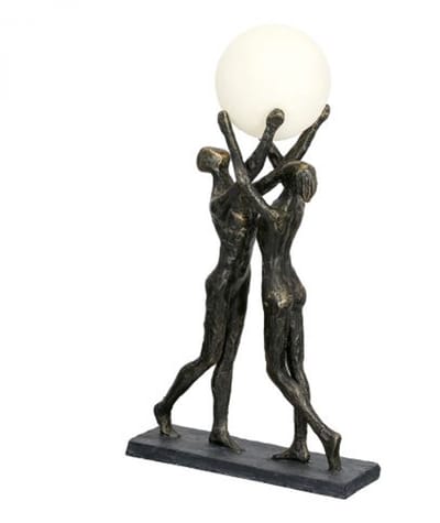 Tafellamp (LED op batterij)"hold the light", koppelmotief, kunsthars, bronskleurig,
