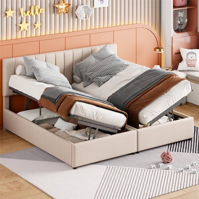 YEHTOKHOME Kinderbed gestoffeerd bed 180x200 cm - Hydraulisch opbergbed - Huidvriendelijk linnen tweepersoonsbed met opbergruimte - Verstelbaar hoofdeinde - Beige (zonder matras)