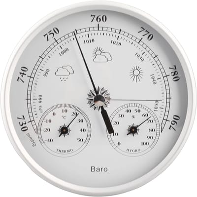 Weerstation 3-in-1 - Barometer Hygrometer - Binnen Buiten - Aluminium Constructie - 130 mm Diameter - Zilver Wit