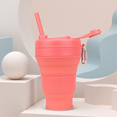 Nieuwe Opvouwbare Siliconen Gel Beker Opvouwbare Koffiebeker met Rietje Klimknop Karabiner 600ml