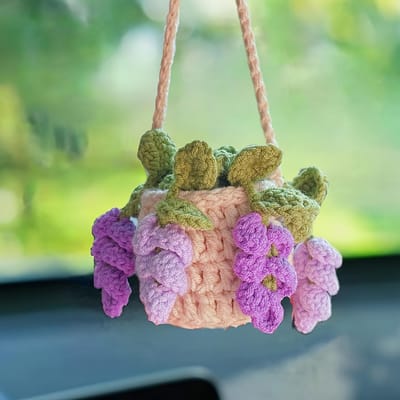 1 Stuk Handgemaakt Haakwerk Chlorophytum Wol Auto Hangend Ornament Creatieve Paarse Achteruitkijkspiegel Plant Hanger Auto Interieur Decor