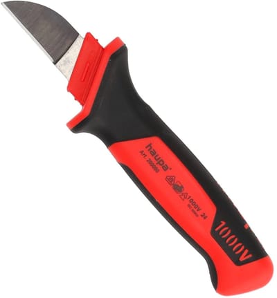 Haupa VDE geïsoleerde Kabelmes 50 mm - 1000V - Rechte, sterke snijblad - Intensief professioneel gebruik - Taai, elastisch en slagvast kunststof - Mesbeschermer