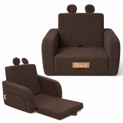Flumi - 2 in 1 Uitschuifbare Kinderfauteuil - Schuimconstructie - Afneembare Wasbare Hoes - Teddy Stof - Met Zijvakken - Bruin
