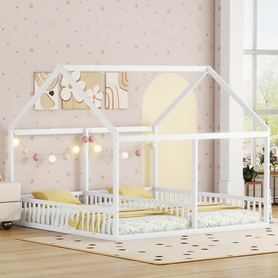 Wishdor – 2-in-1 Kinderbed 90x200 cm – Huisbed met Dak & Middenhek – Gezellig & Veilig – Grenen & MDF – Wit