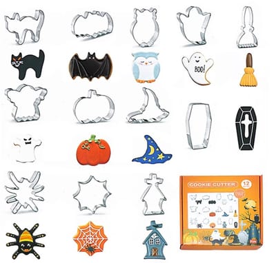 Crethink 12 stuks Halloween koekjessnijders set voor bakken - spook, vleermuis, kat, peperkoek man, pompoen, schedel, ronde en heksenhoed vorm roestvrij staal vakantie koekjes/gebak snijder