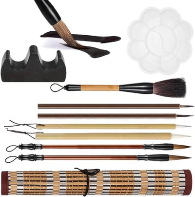 Professionele Set van 10 Penseelkwasten voor Chinese en Japanse Calligrafie, Handlettering en Sumi Tekenen met Opbergtas